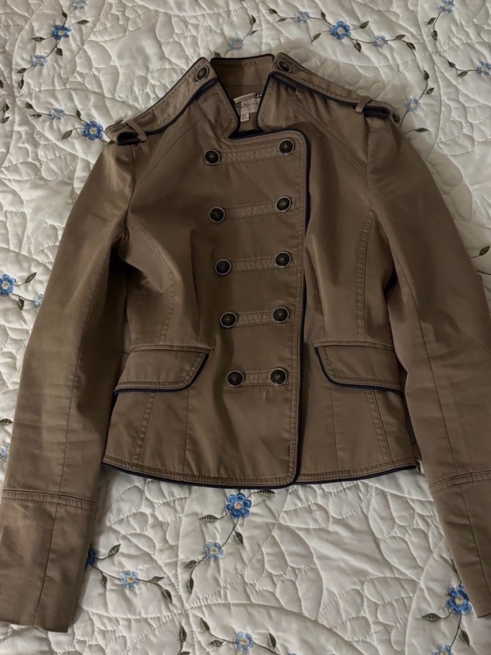 Karen Millen Double-Breasted Military-Style Jacket in Taupe with Contrast Piping